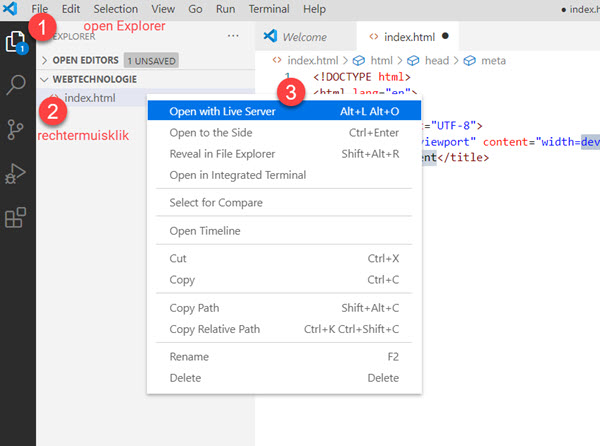 Visual Studio Code Laad index.html in browser met Live Server